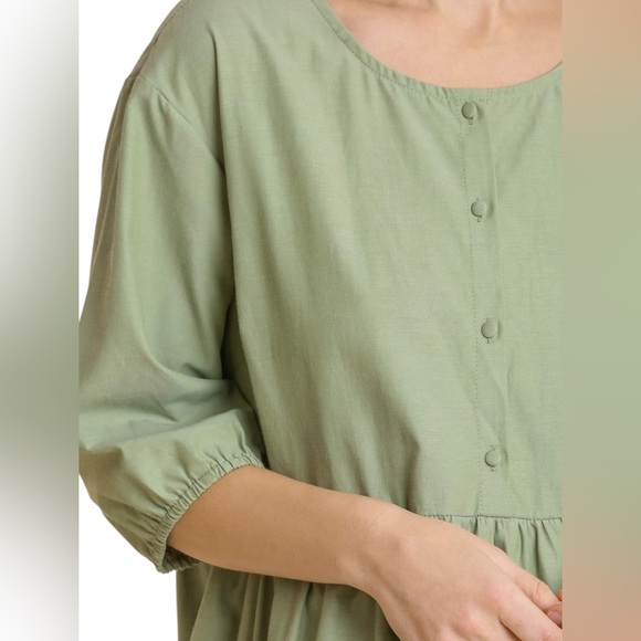 Sage Green Half Button 3/4 Sleeve Tiered Shirt Dress - Picture 2 of 5